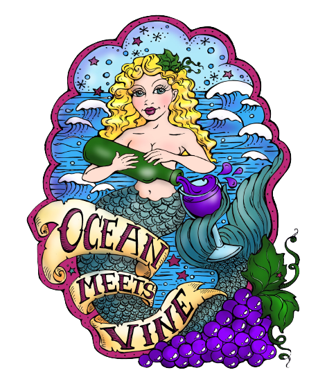 A drawing of a mermaid with grapes and wine.