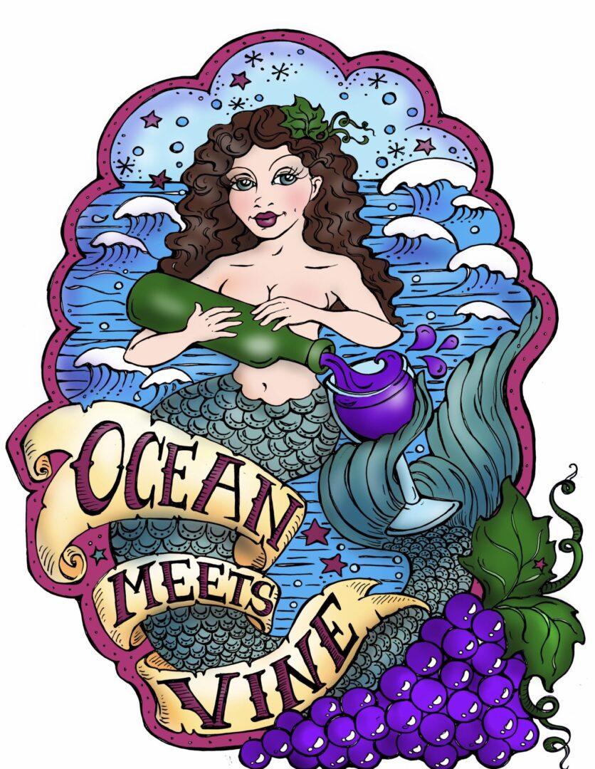 A mermaid with grapes and wine in her hand.