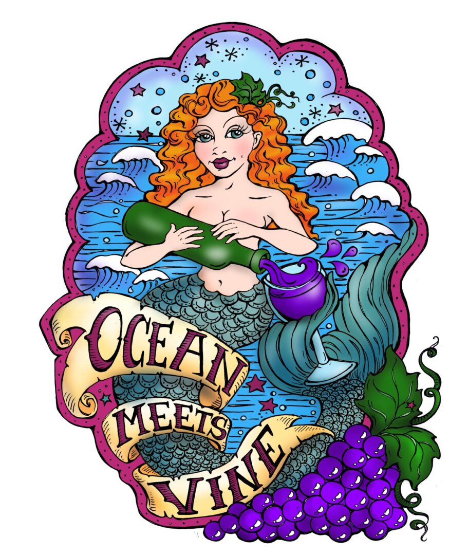 A mermaid with a wine glass and grapes.